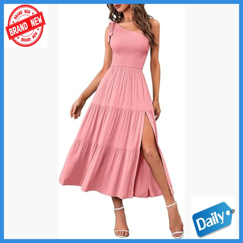 One Shoulder Midi Dress Sleeveless Smocked Bodice Side Split Formal Cocktail
